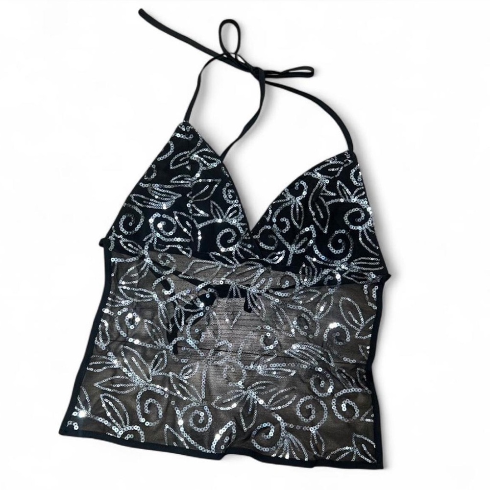 Black Sequin Halter Mesh Tank Top